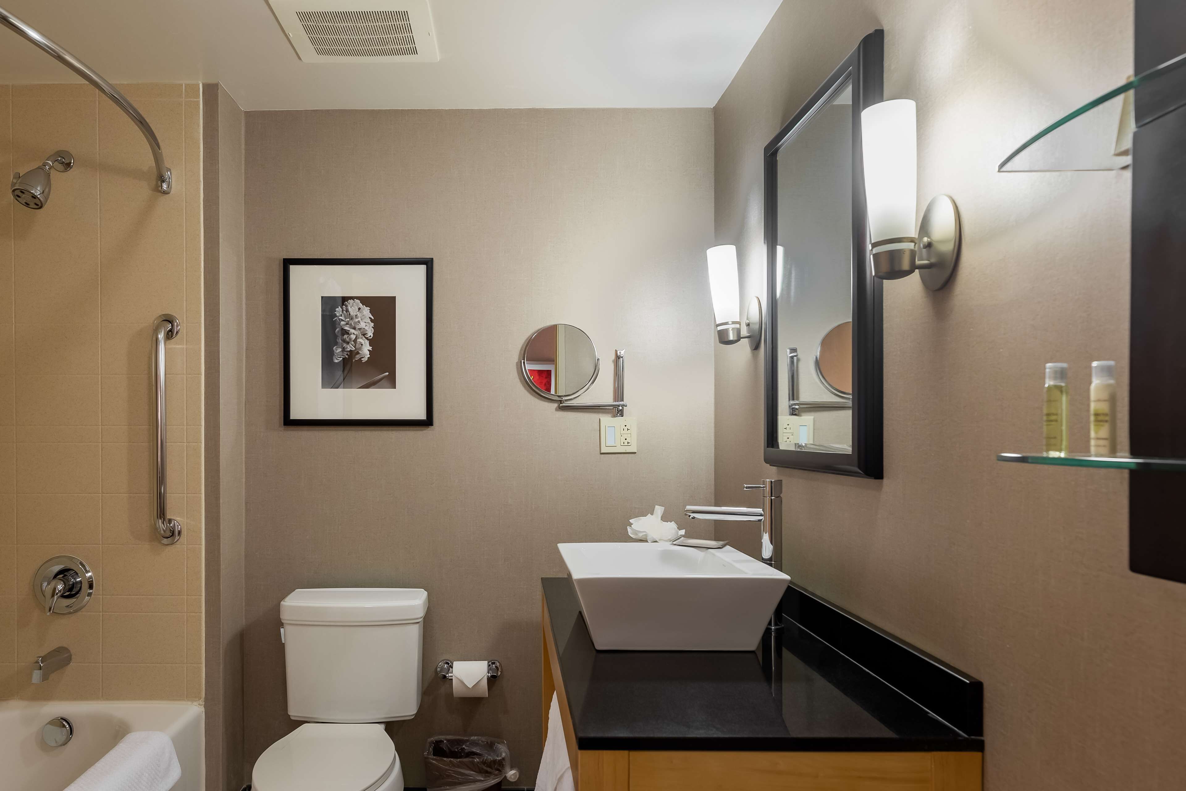 combined shower/bathtub, free toiletries, hair dryer, towels