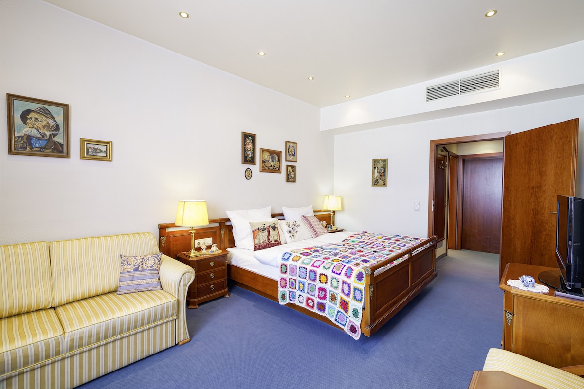 Un dormitorio con una cama, un sofá, un televisor y cuadros en la pared.