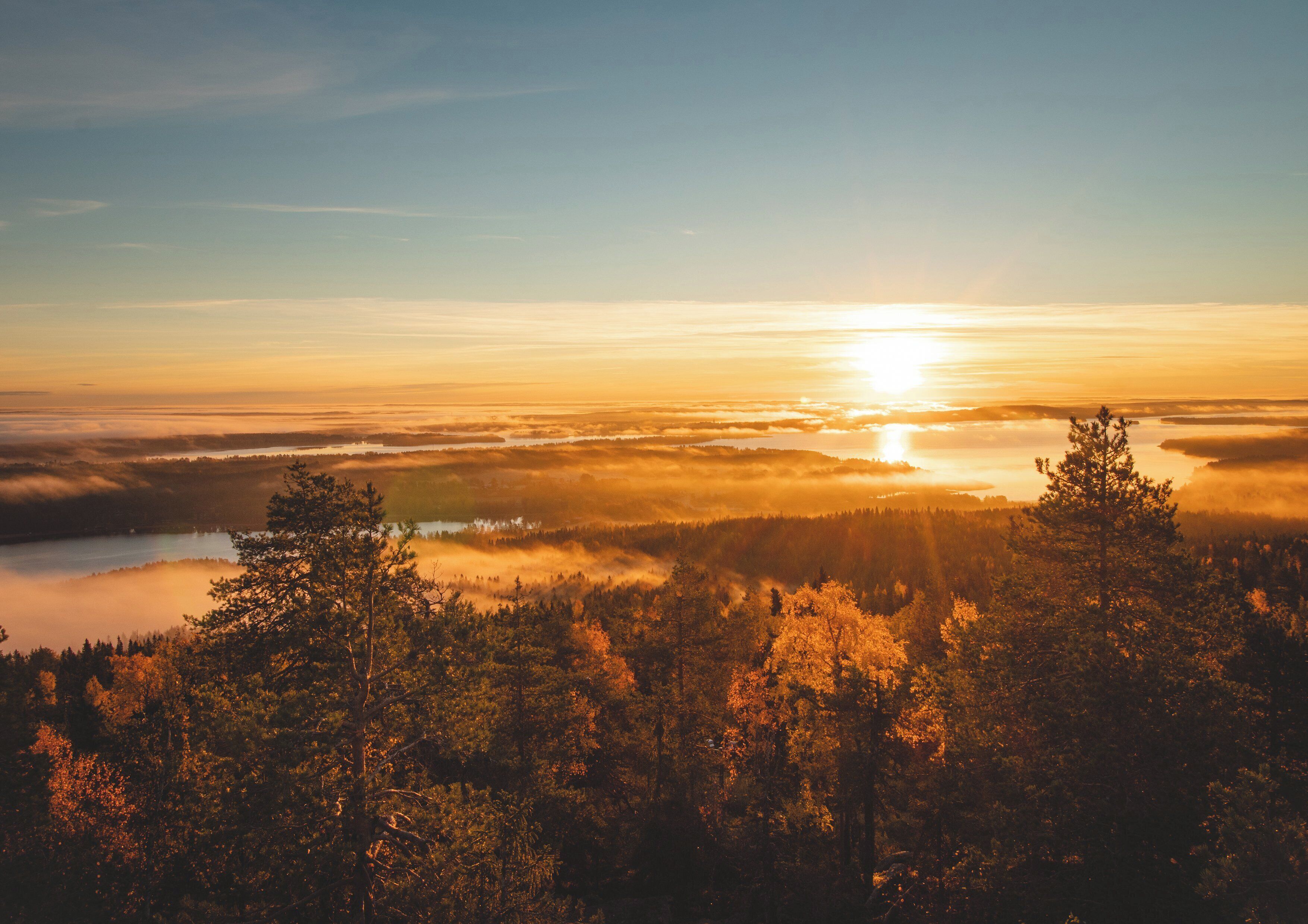 Metsäinen maisema, jonka yllä auringonnousu heijastuu vesistöstä.