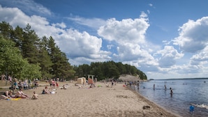 Een strand met mensen die zonnebaden en zwemmen, omringd door bomen en een heldere lucht.