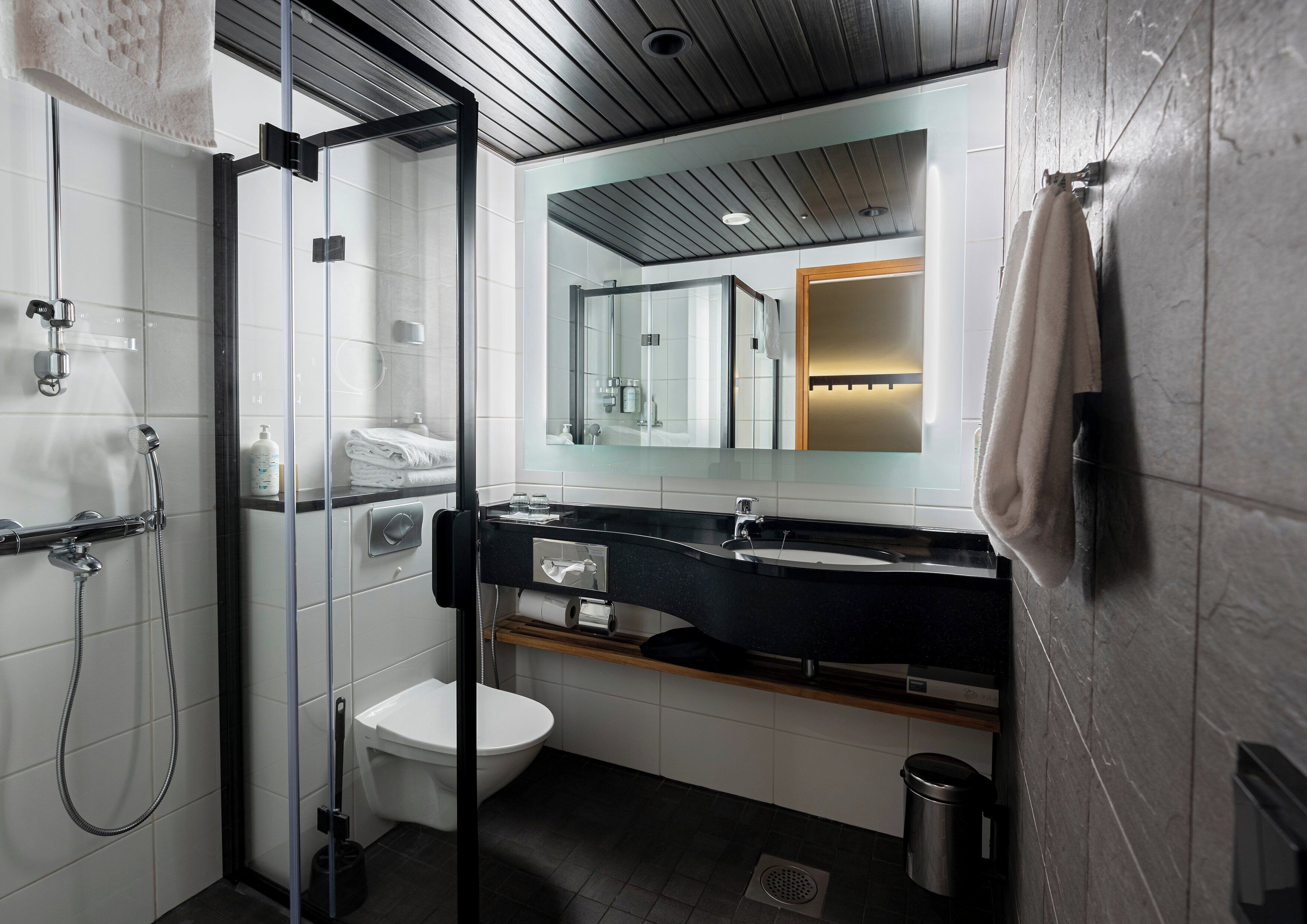 A modern bathroom with a glass shower enclosure, a white toilet, a black sink, and a mirror above the sink.