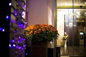 Ein Blumentopf mit orangefarbenen Blüten vor einem Gebäudeeingang mit Glastür und einem Schild mit der Aufschrift 'AURORA'.