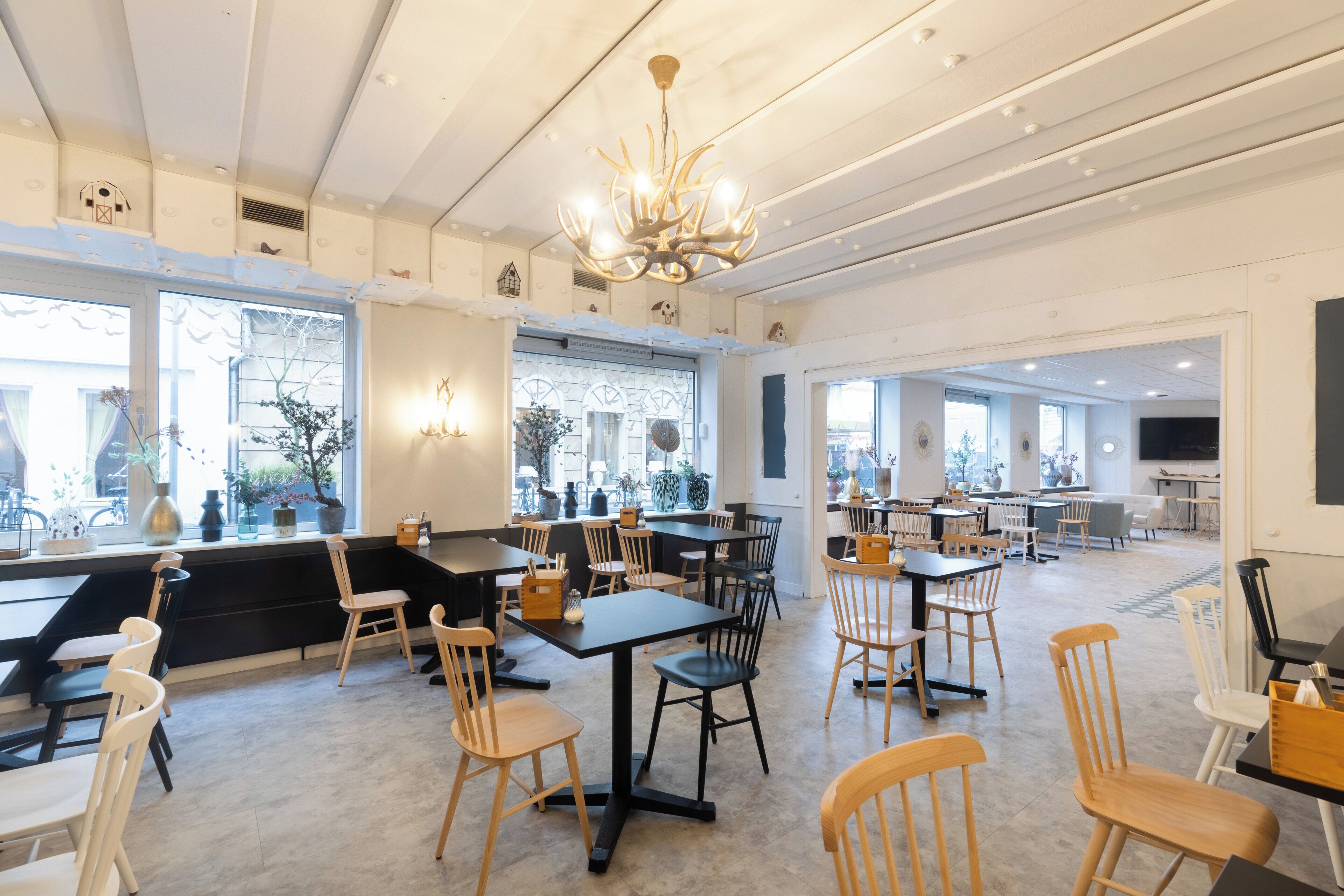 A spacious café with multiple tables and chairs, large windows, and a chandelier.
