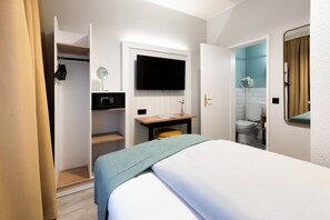 Hypo-allergenic bedding, desk, blackout drapes, soundproofing