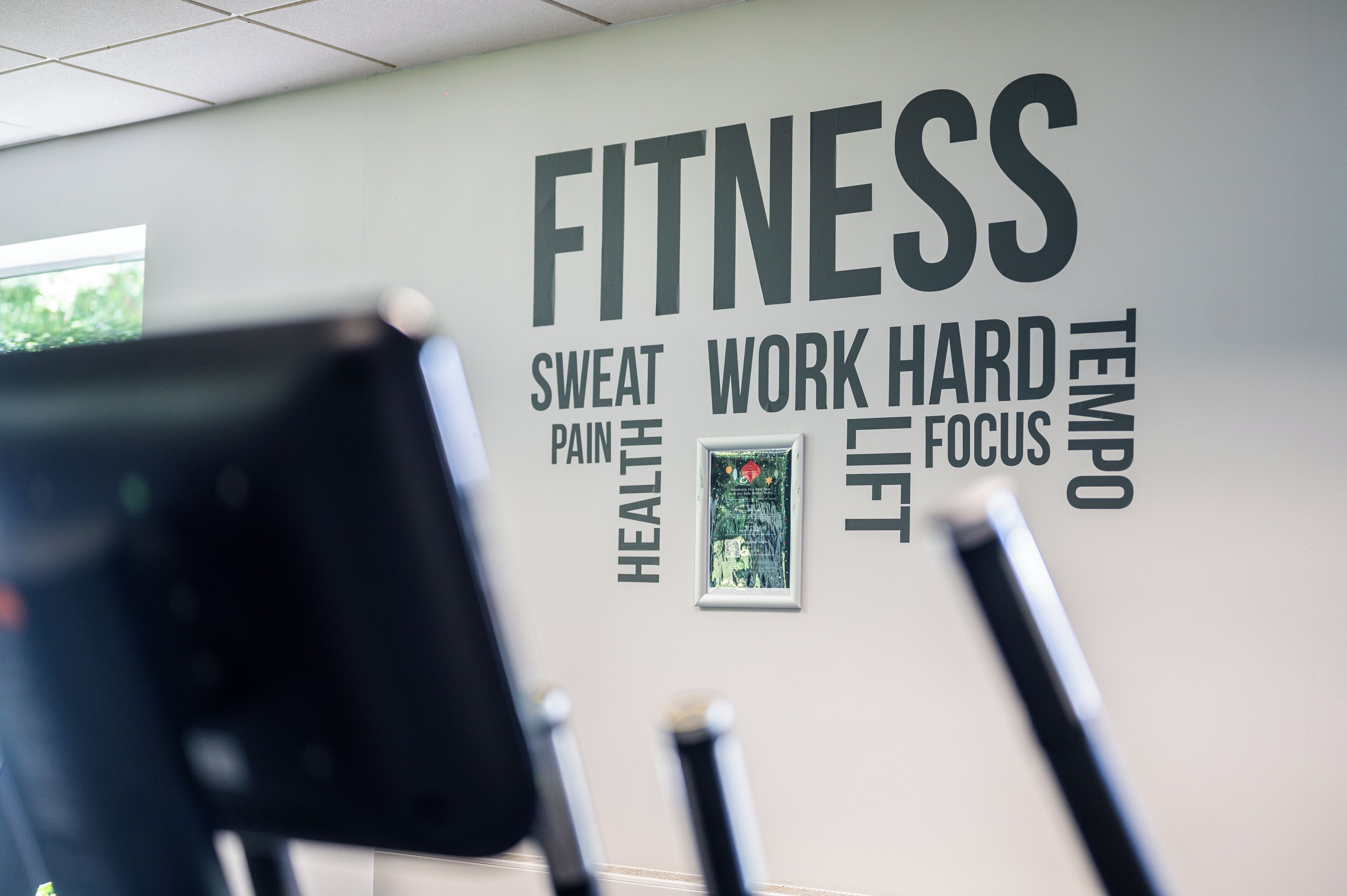 A gym wall with motivational words like FITNESS, SWEAT, PAIN, HEALTH, WORK HARD, TEMPO, and LIFT.