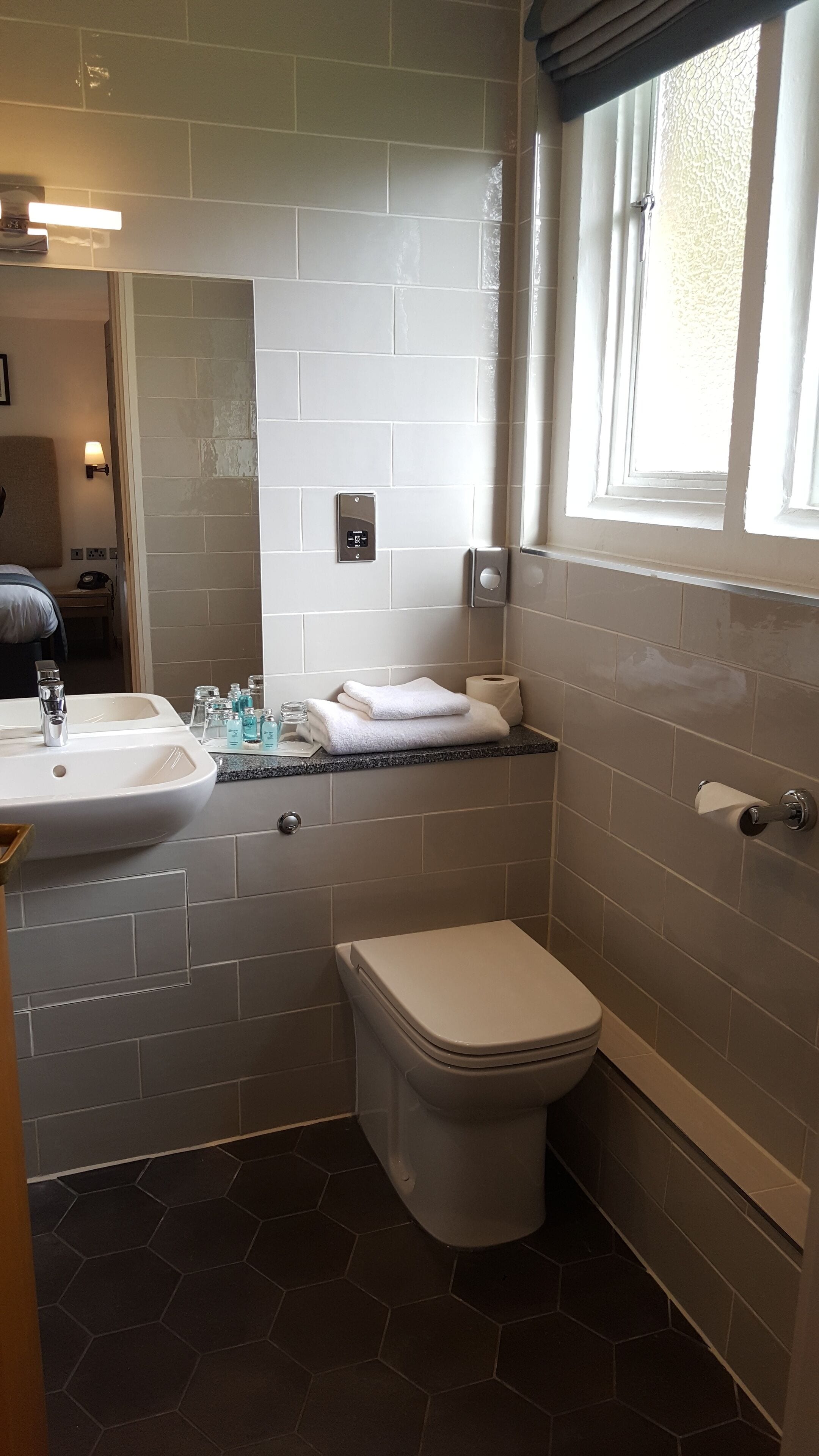 A bathroom with a white sink, a toilet, and a mirror. There is a window with a view of the outside.