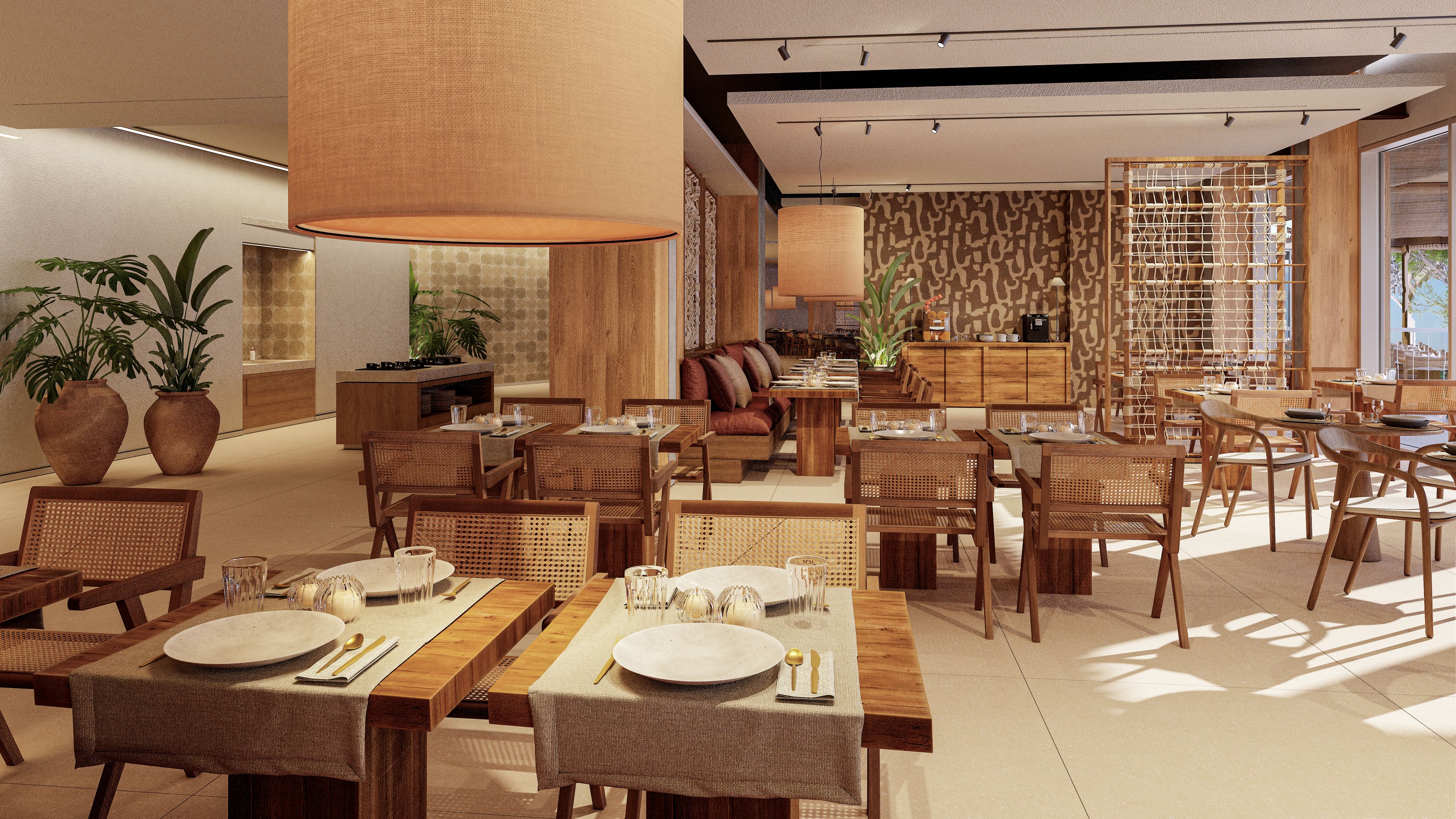 A spacious dining area with multiple tables set for meals, surrounded by wicker chairs and wooden tables.