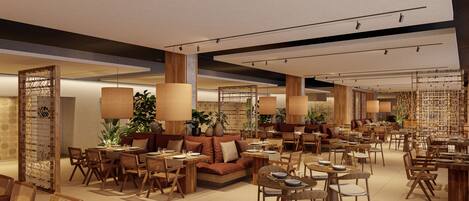 A spacious restaurant with multiple seating areas, including tables and sofas, and a variety of plants adding greenery.