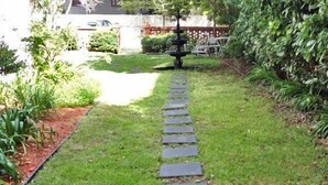 A garden pathway with a stone border, surrounded by greenery and a small water feature. - The Confederate House (Savannah)