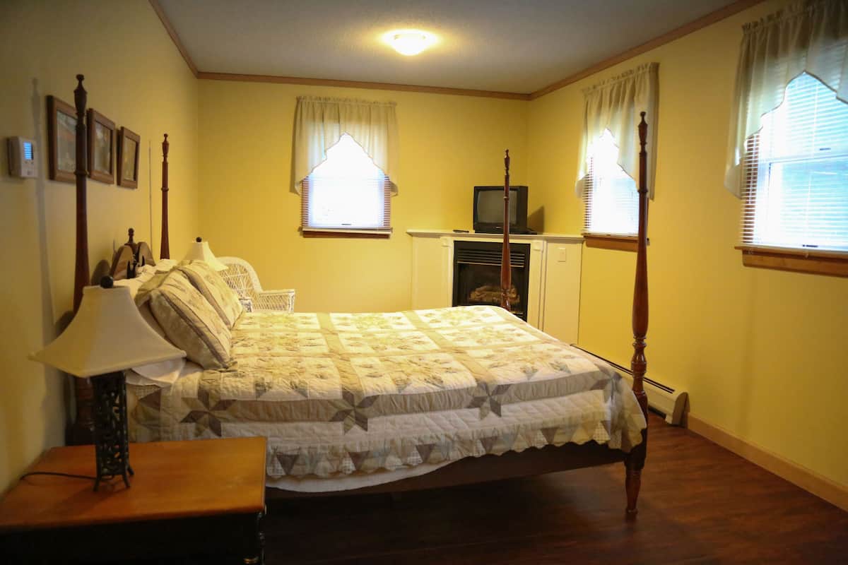 A bedroom with a bed, a nightstand, a lamp, a television, and a fireplace.