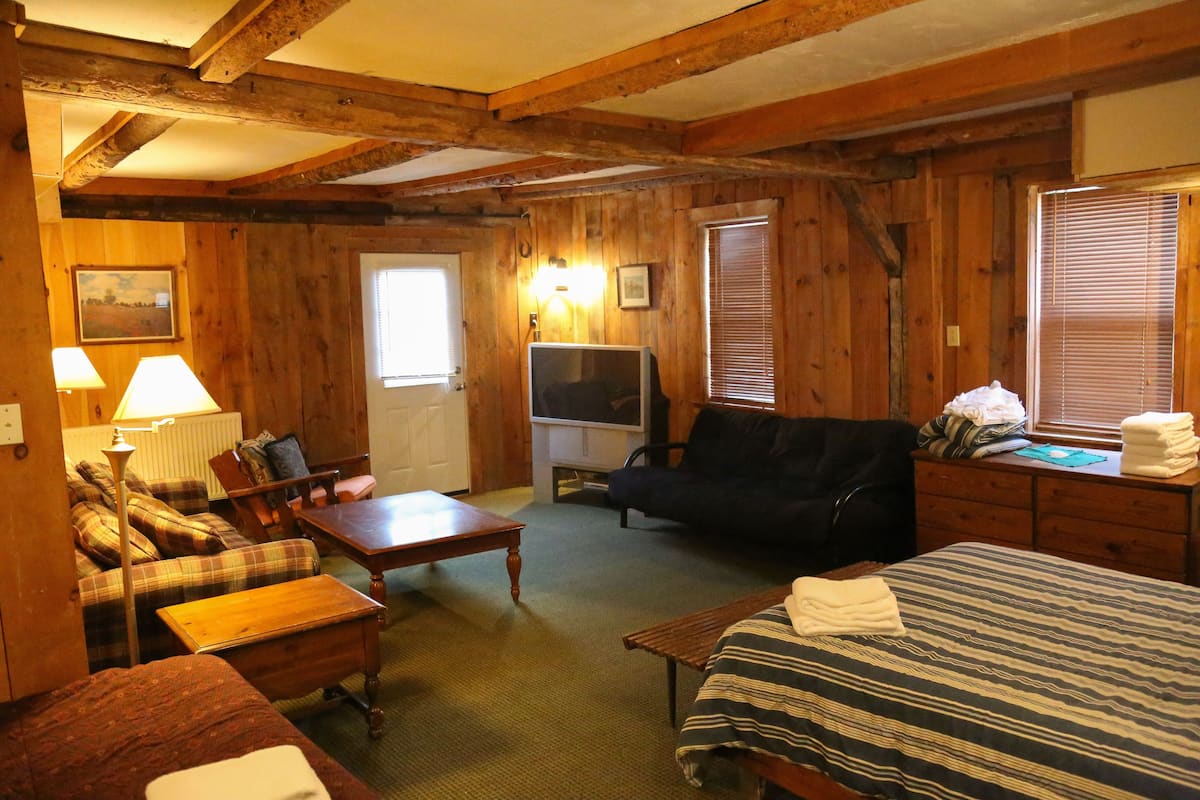 A cozy log cabin-style room with a plaid sofa, a wooden table, a bed with a striped bedspread, and a television.