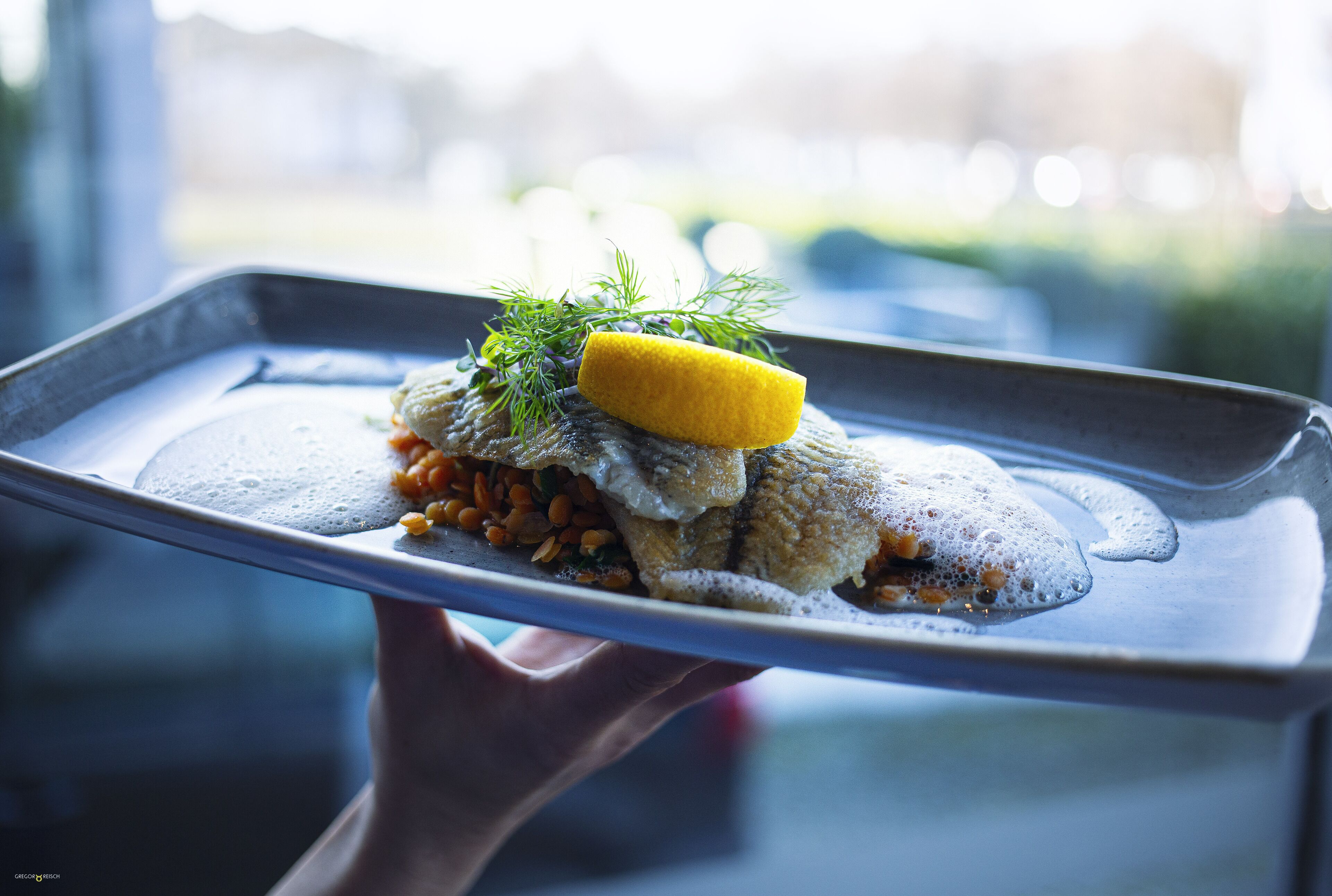 A tray with a fish dish, garnished with dill and lemon, held by a hand.