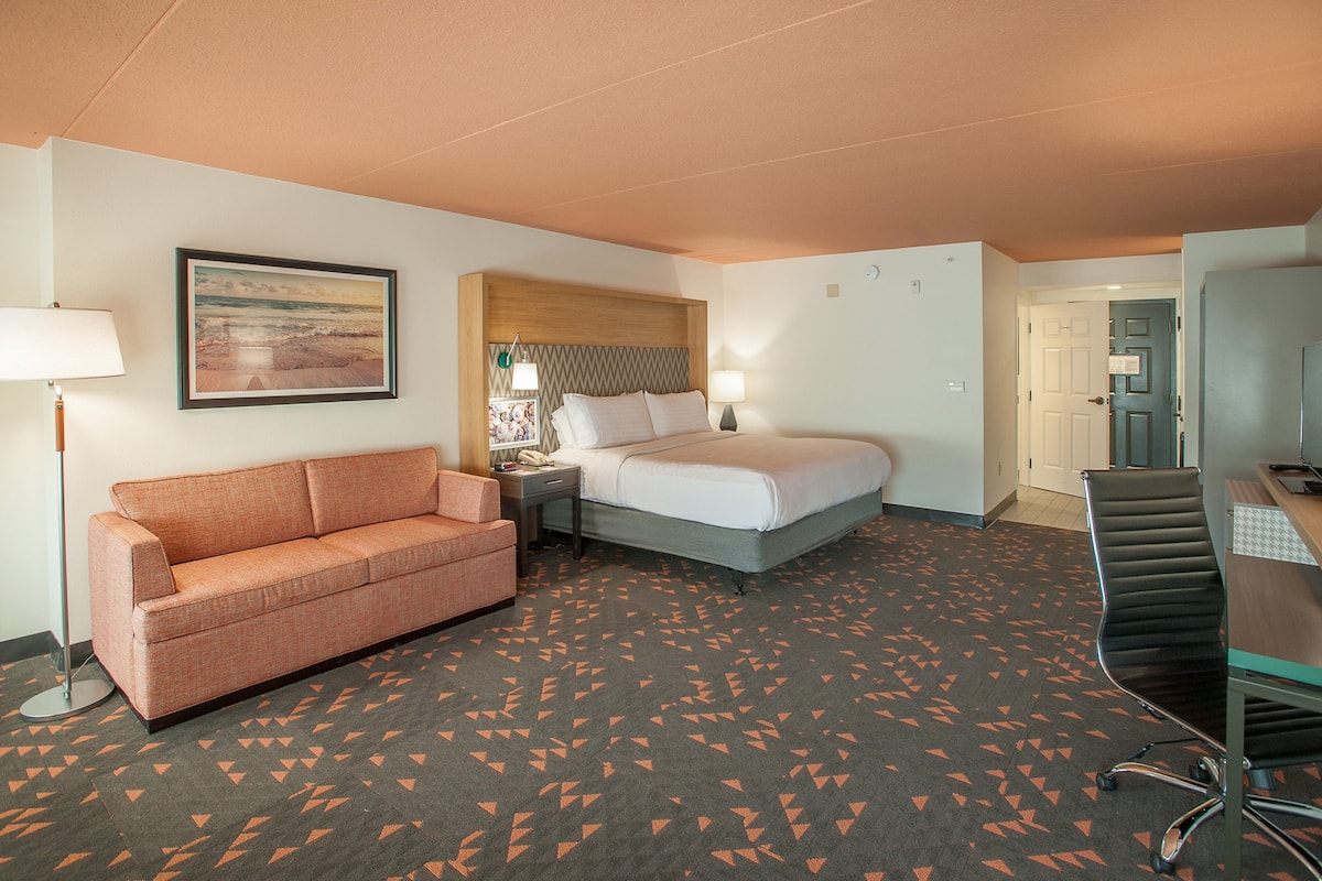 Una habitación de hotel con cama, sofá, escritorio y lámpara.