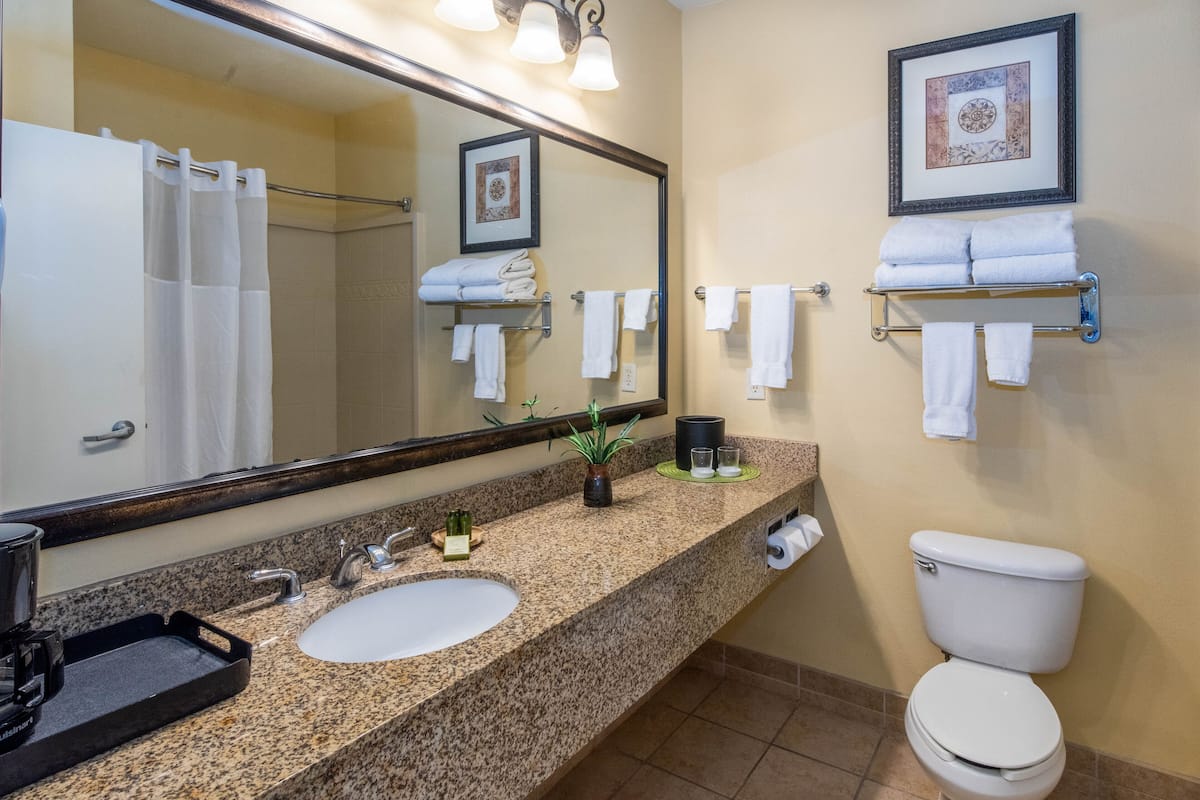 deluxe room, 2 queen beds | bathroom | combined shower/bathtub, rainfall showerhead, free toiletries