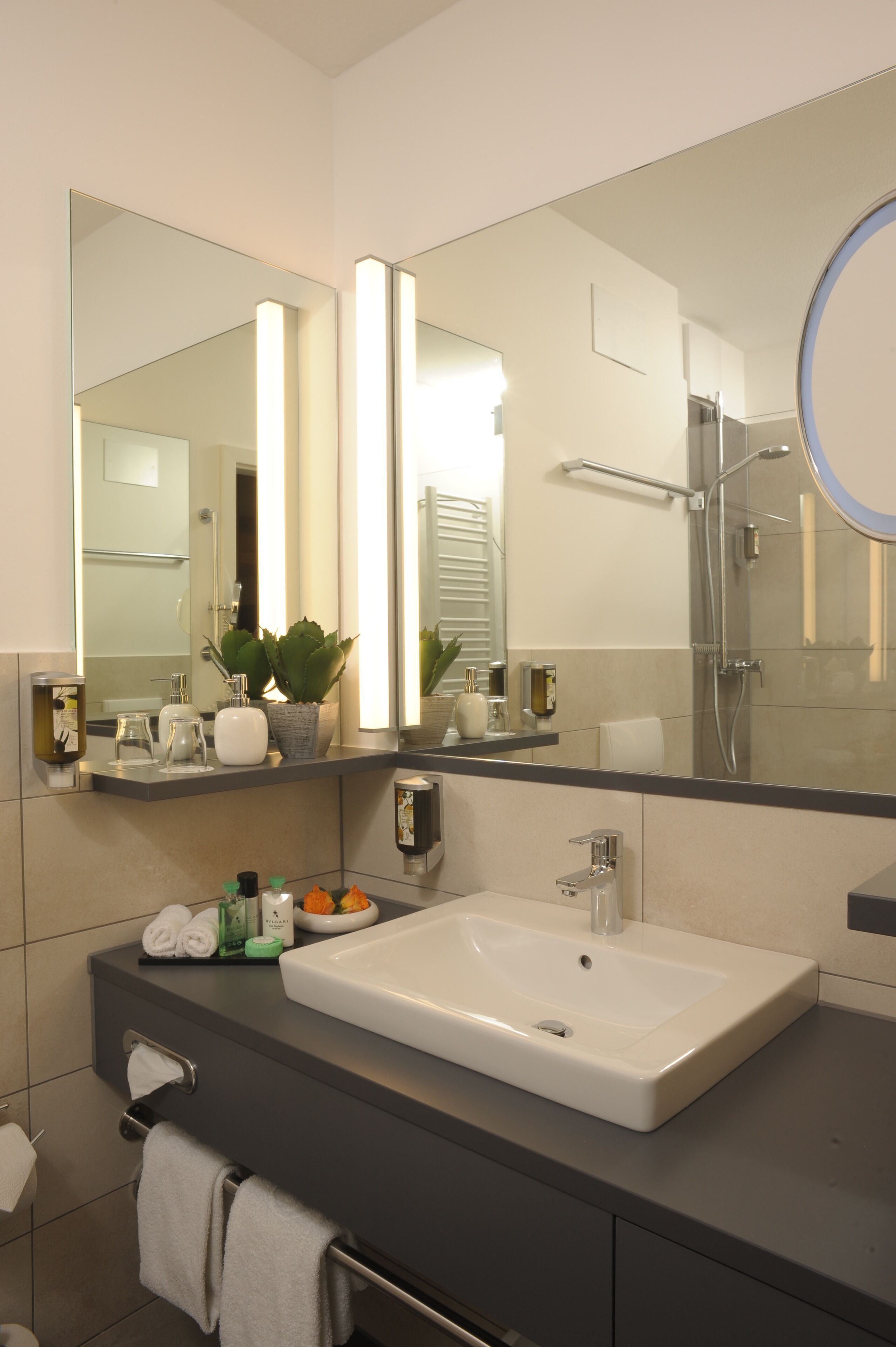 Une salle de bain moderne avec un grand miroir, un lavabo et une douche.