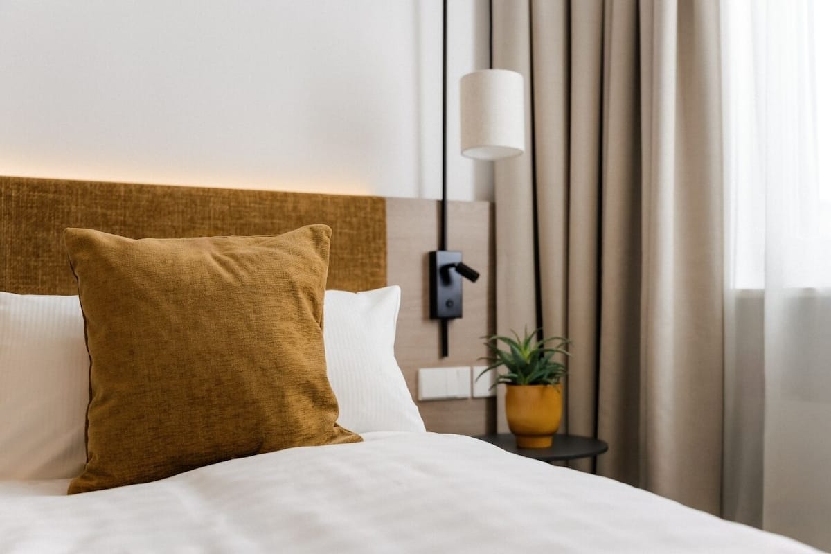 A neatly made bed with a brown pillow, a white pillow, and a white duvet. There is a wall-mounted light fixture and a small table with a plant.