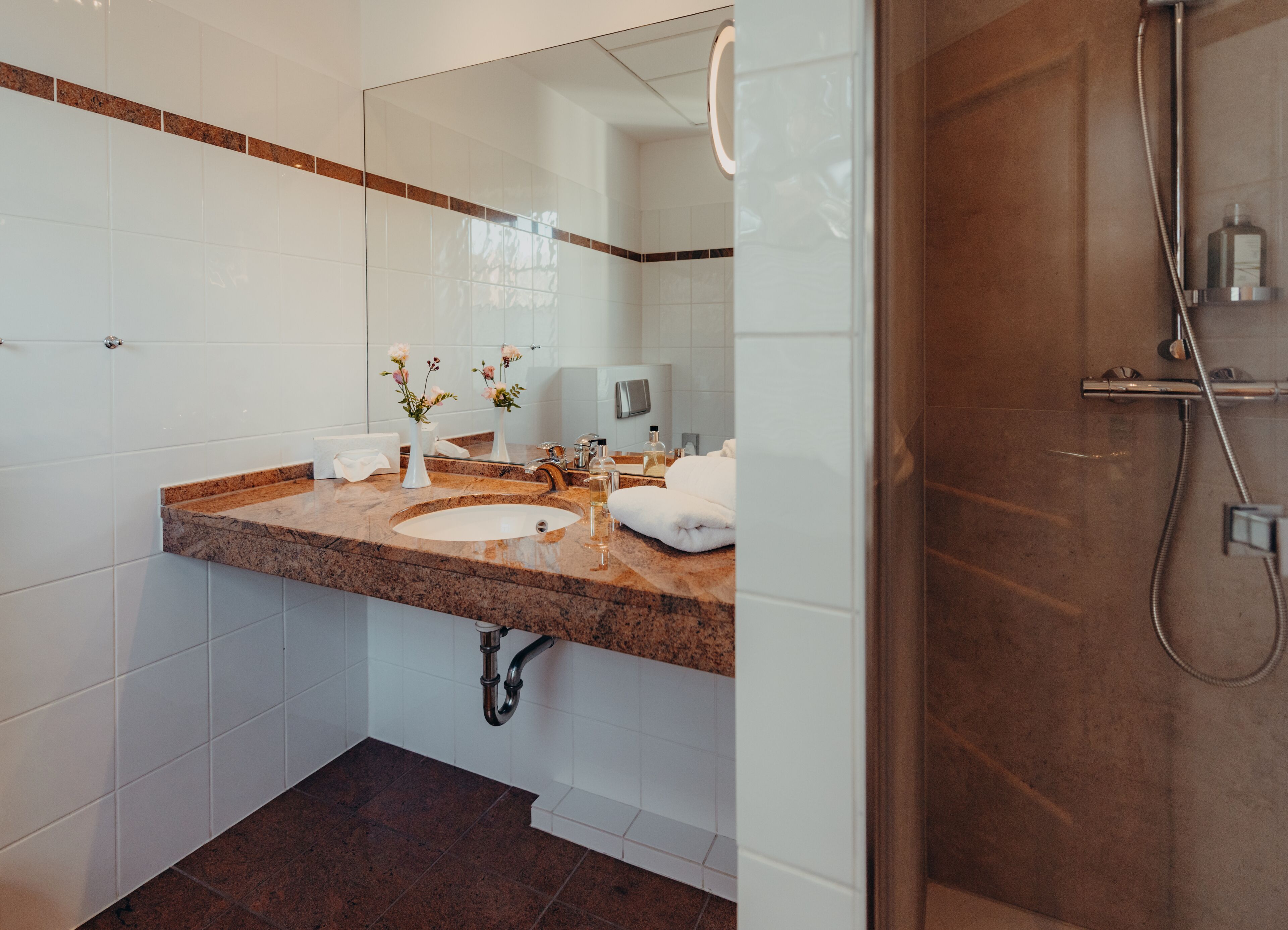 classic double room | bathroom | shower, free toiletries, hair dryer, towels