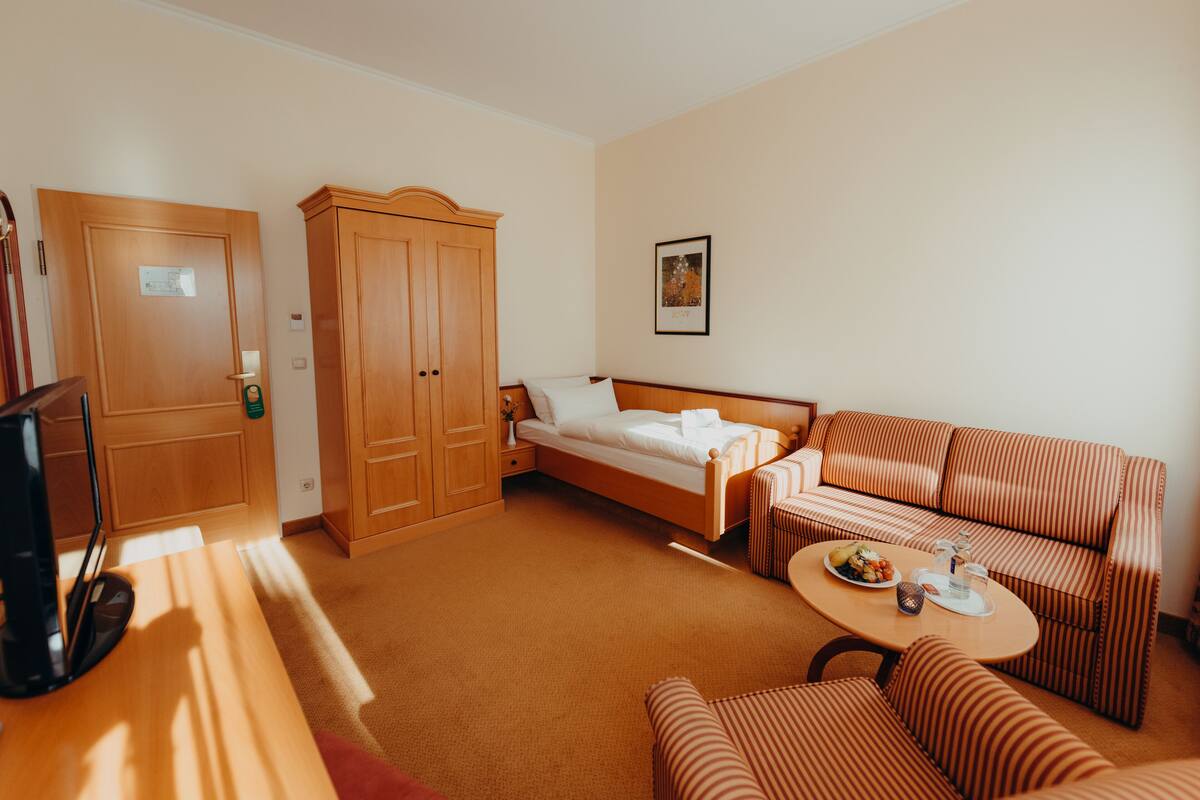 Una habitación de hotel con una cama, un sofá, una mesita, un televisor y un armario.