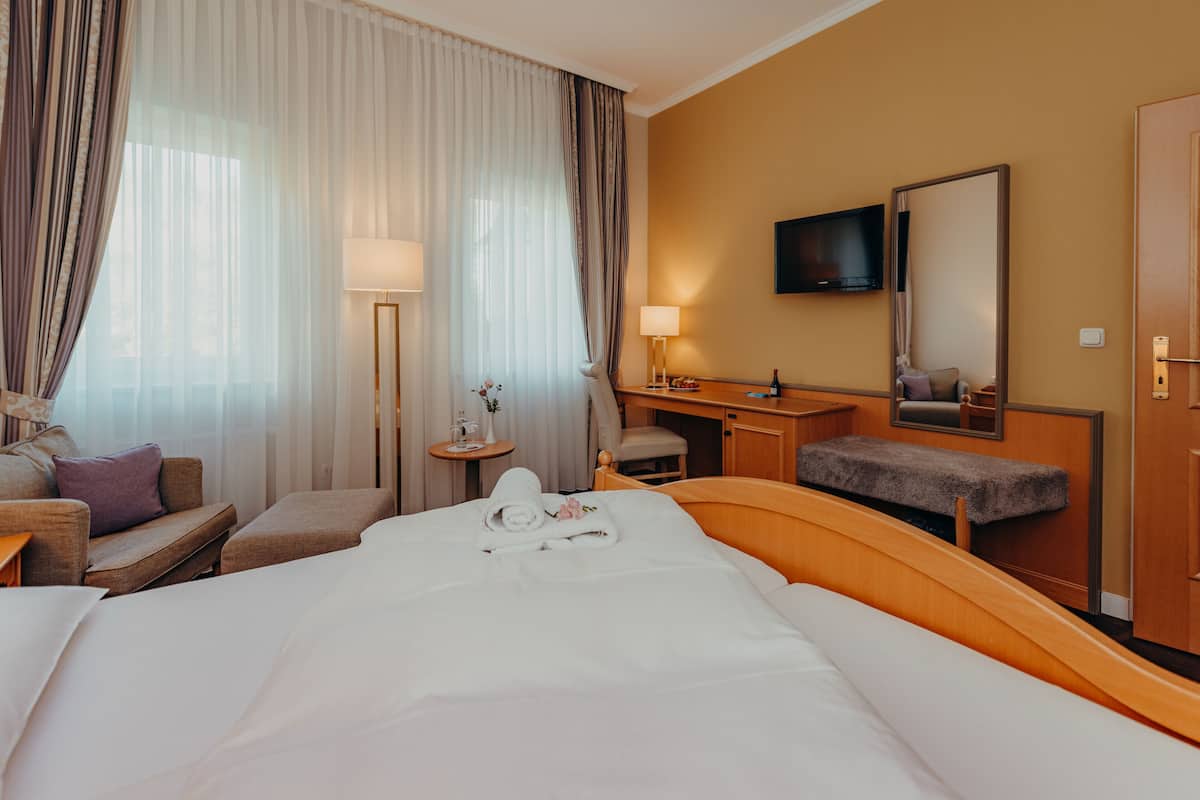 Habitación de hotel con una cama grande, un escritorio, una silla, un sofá, un televisor y un baño.