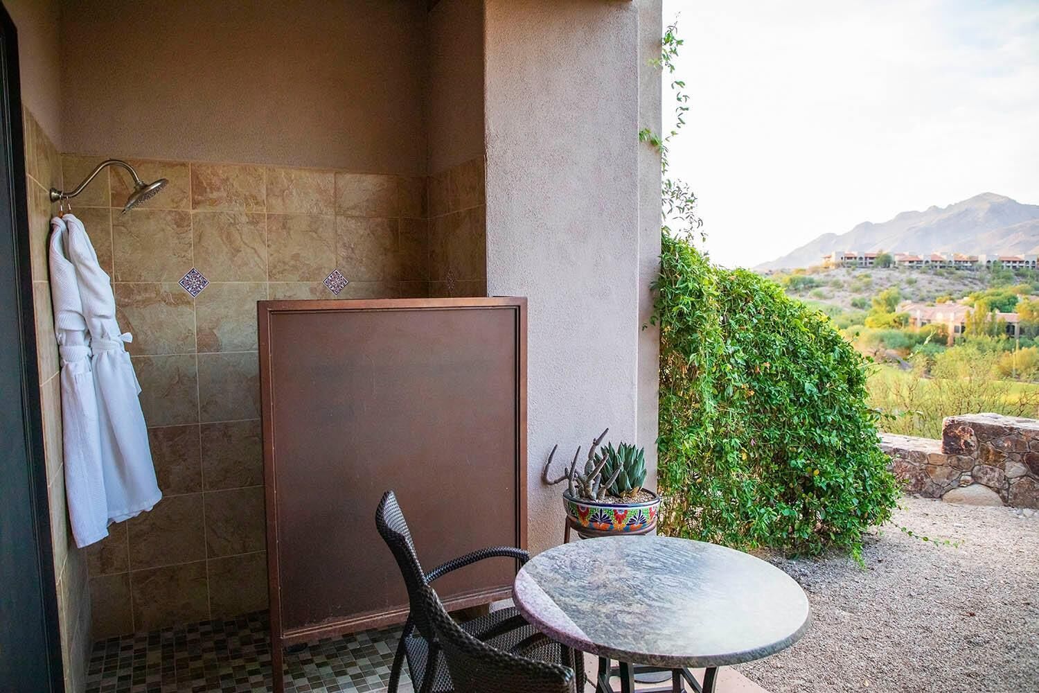 A bathroom with a shower, a towel rack, a potted plant, and a table.
