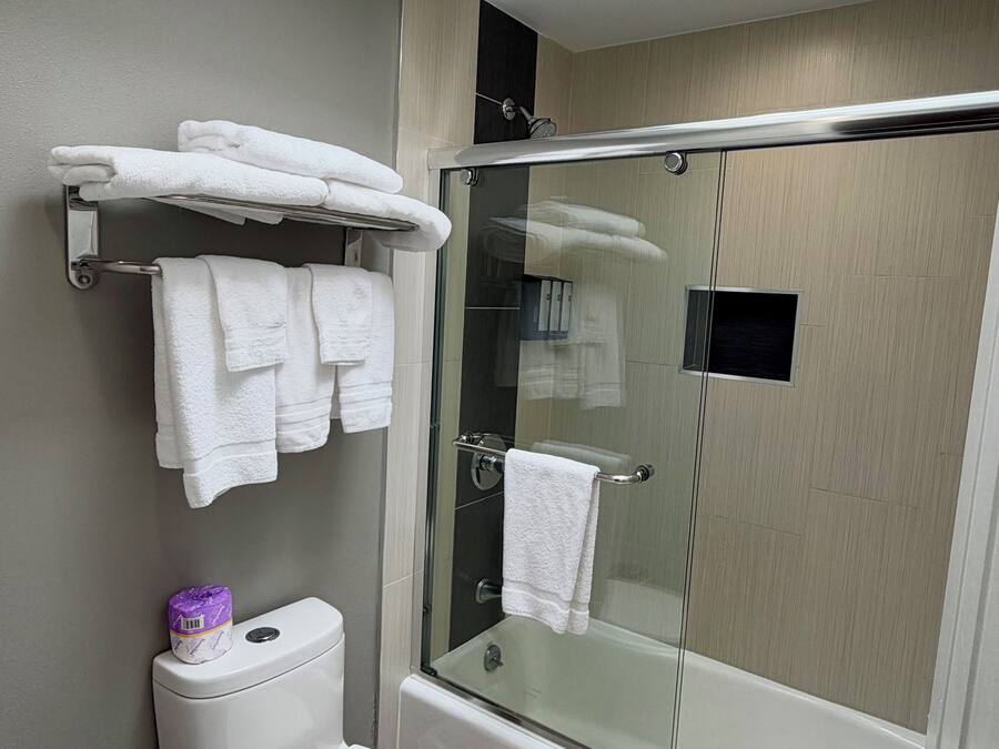 A modern bathroom with a toilet, a glass-enclosed shower, and a towel rack with folded towels.
