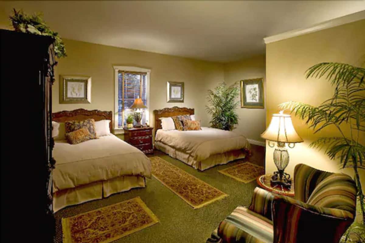 A hotel room with two beds, a sitting area with a chair, a lamp, and a large plant.