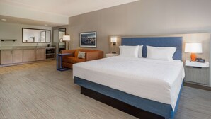 Una habitación de hotel con una cama grande, un sofá, un escritorio y un baño.