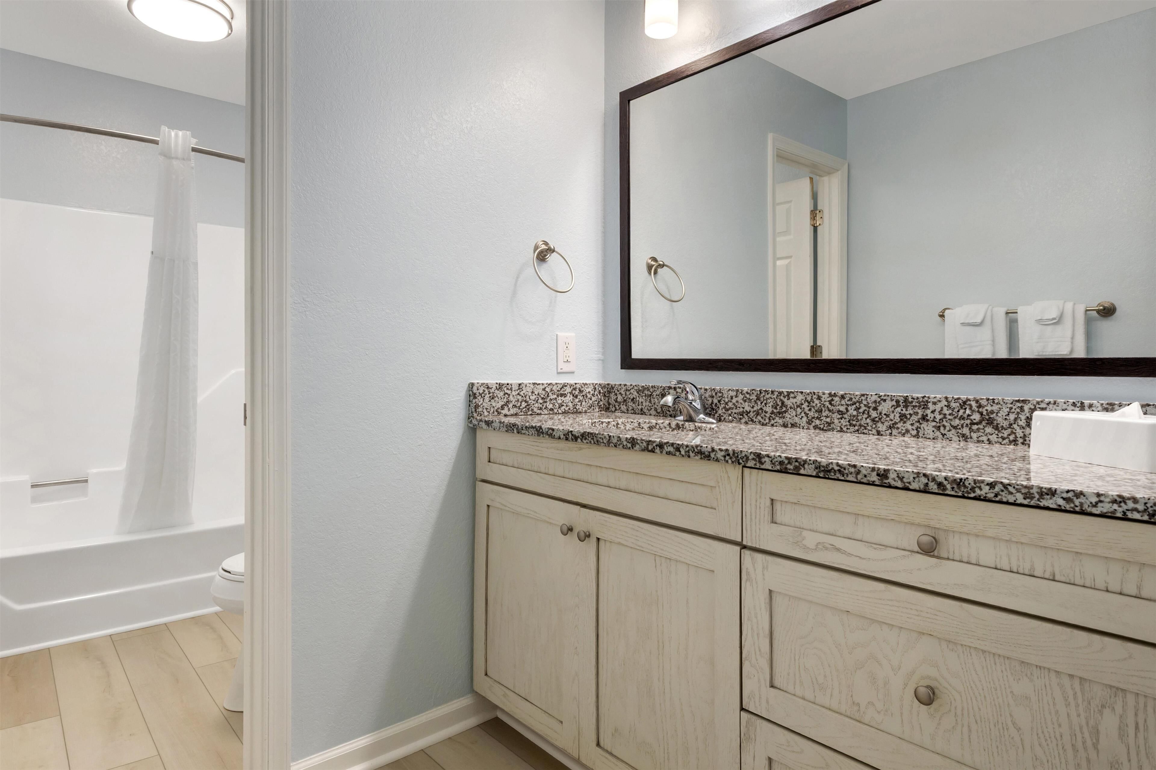 A bathroom with a shower, a sink with a granite countertop, and a mirror.