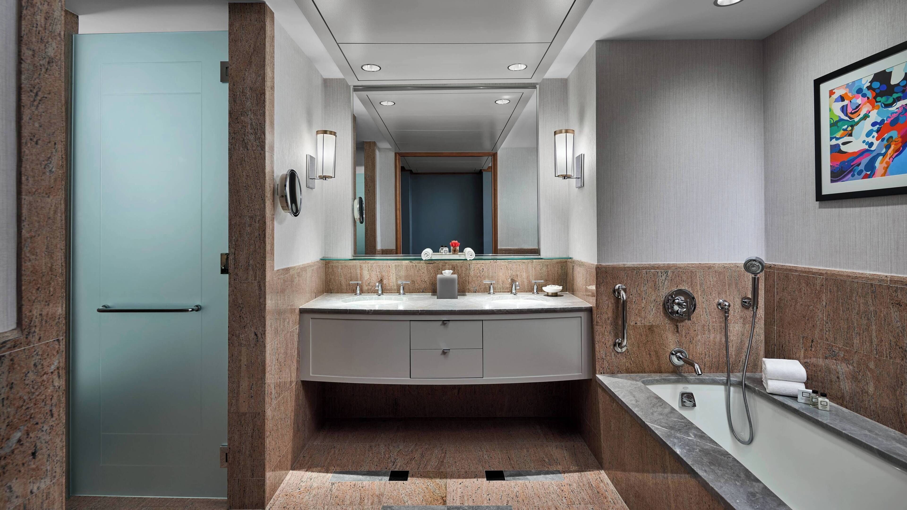 separate bathtub and shower, free toiletries, hair dryer, bathrobes