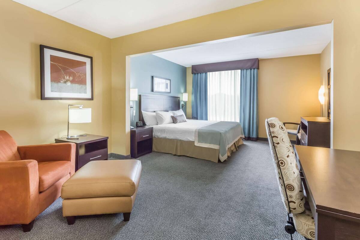 A hotel room with a bed, a desk, a chair, a sofa, and a nightstand.