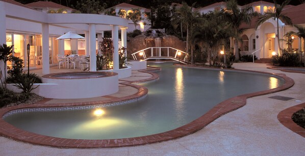 Indoor pool, outdoor pool, pool loungers