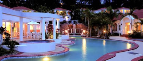 Indoor pool, outdoor pool, sun loungers