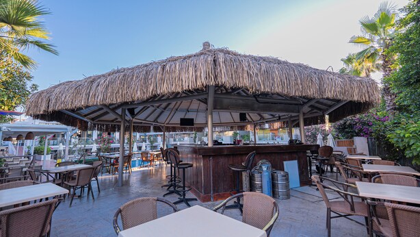 An outdoor bar area with a thatched roof, surrounded by wicker chairs and tables, and a pool in the background. - Begonville Hotel (Marmaris)