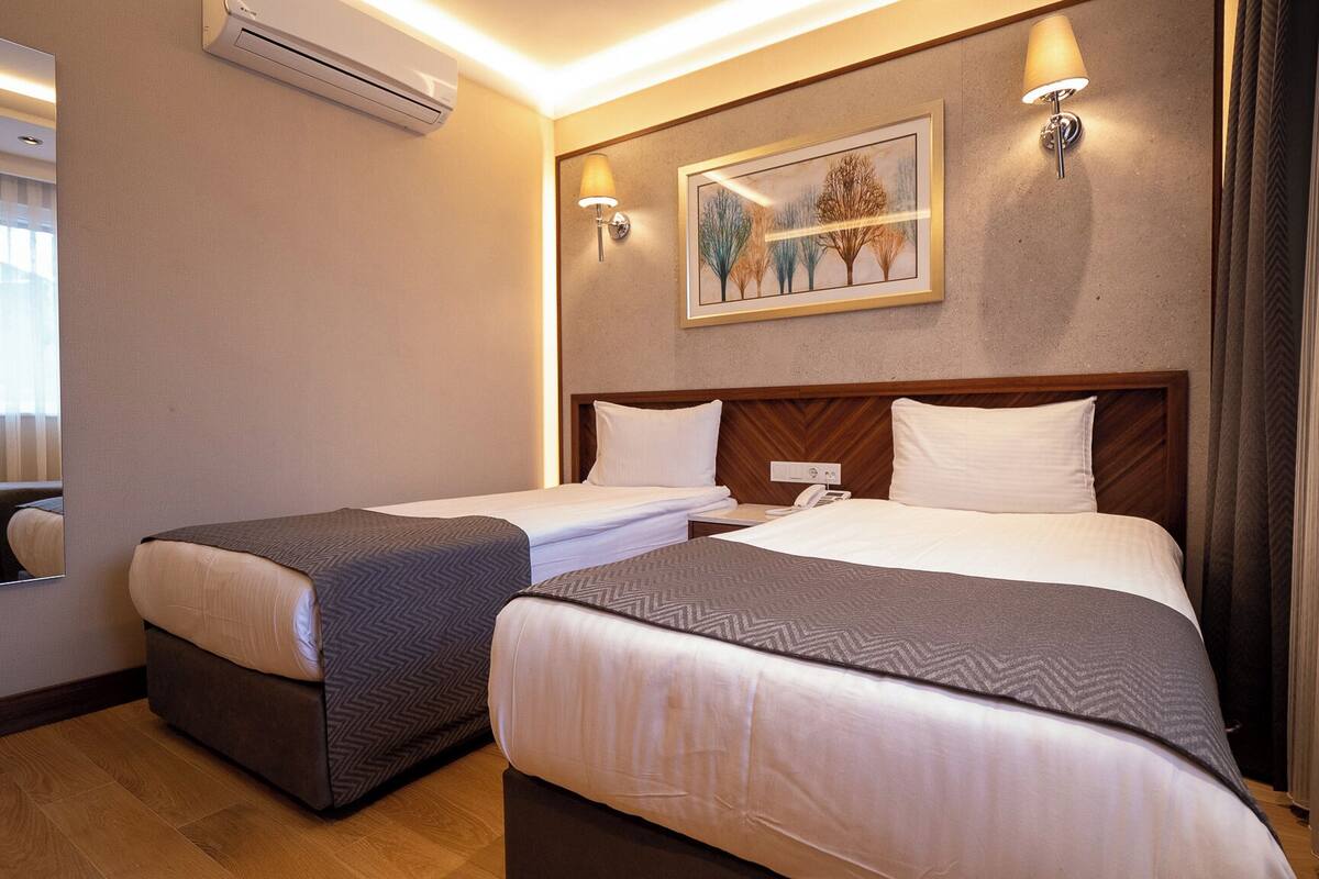 A hotel room with two beds, a large mirror, an air conditioning unit, a painting on the wall, and a telephone on the nightstand.