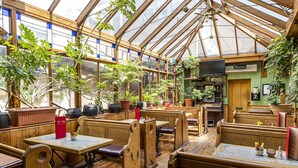 Un restaurante estilo invernadero con bancos y mesas de madera, rodeado de plantas en macetas y un techo grande con ventanales.