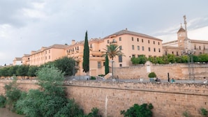 Un bâtiment historique doté d’un mur en pierre et d’un palmier devant l’entrée.