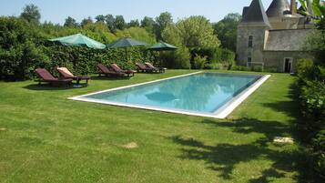 Seasonal outdoor pool, pool umbrellas, pool loungers