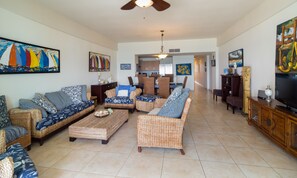 Beachfront 2 Bedroom Condo for 4 guests | Living room | TV, DVD player - Xeliter Costa del Sol (Guayacanes)