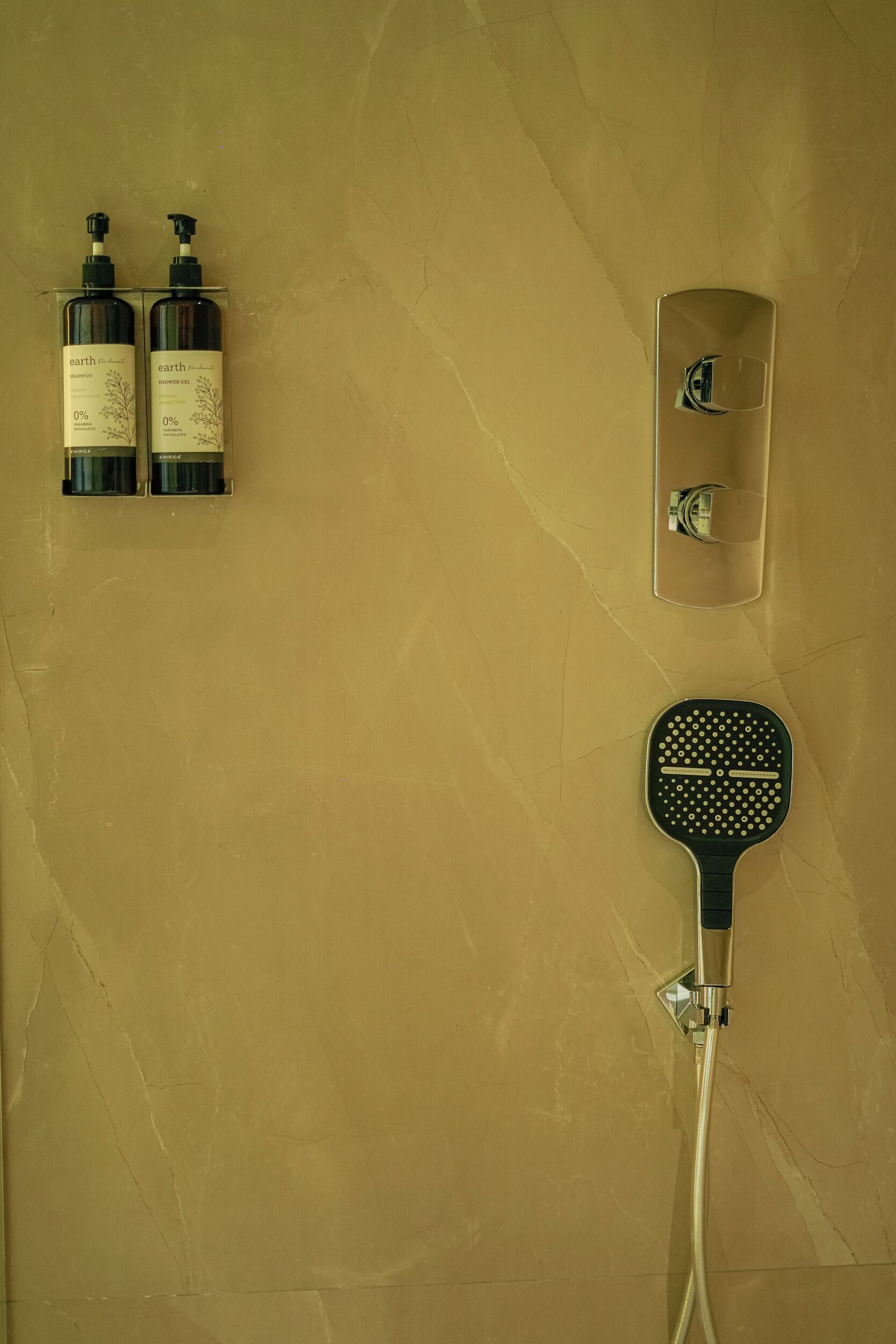 A bathroom with a shower, a handheld showerhead, and two bottles of shower gel.