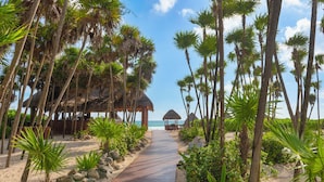 A wooden pathway leading to beach huts surrounded by palm trees and beach vegetation. - Valentin Imperial Rivera Maya All Inclusive - Adults Only (Playa del Carmen)