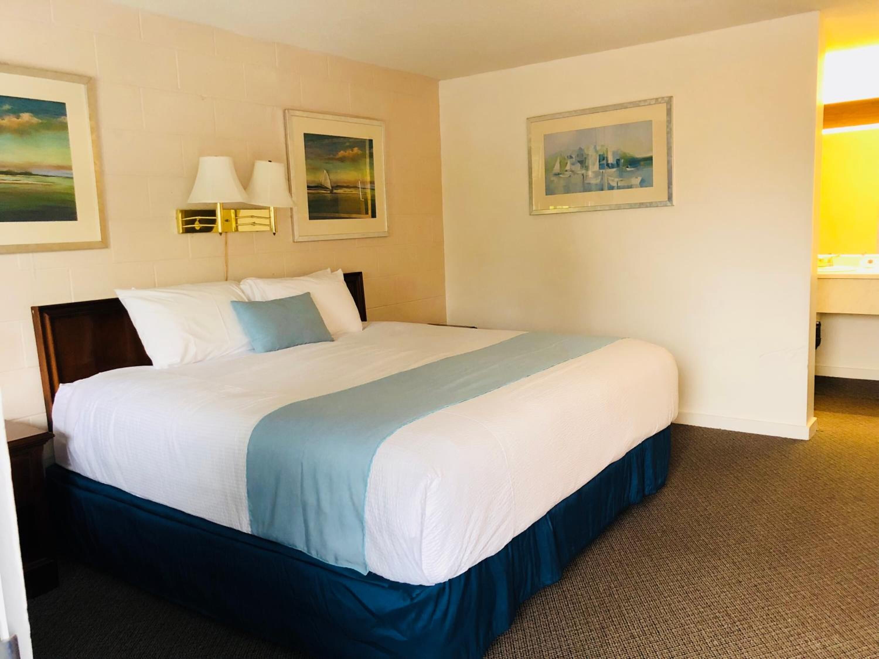 Una habitación de hotel con una cama grande, dos lámparas de noche y tres cuadros en las paredes.