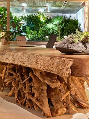 A wooden reception desk with a laptop and a potted plant.