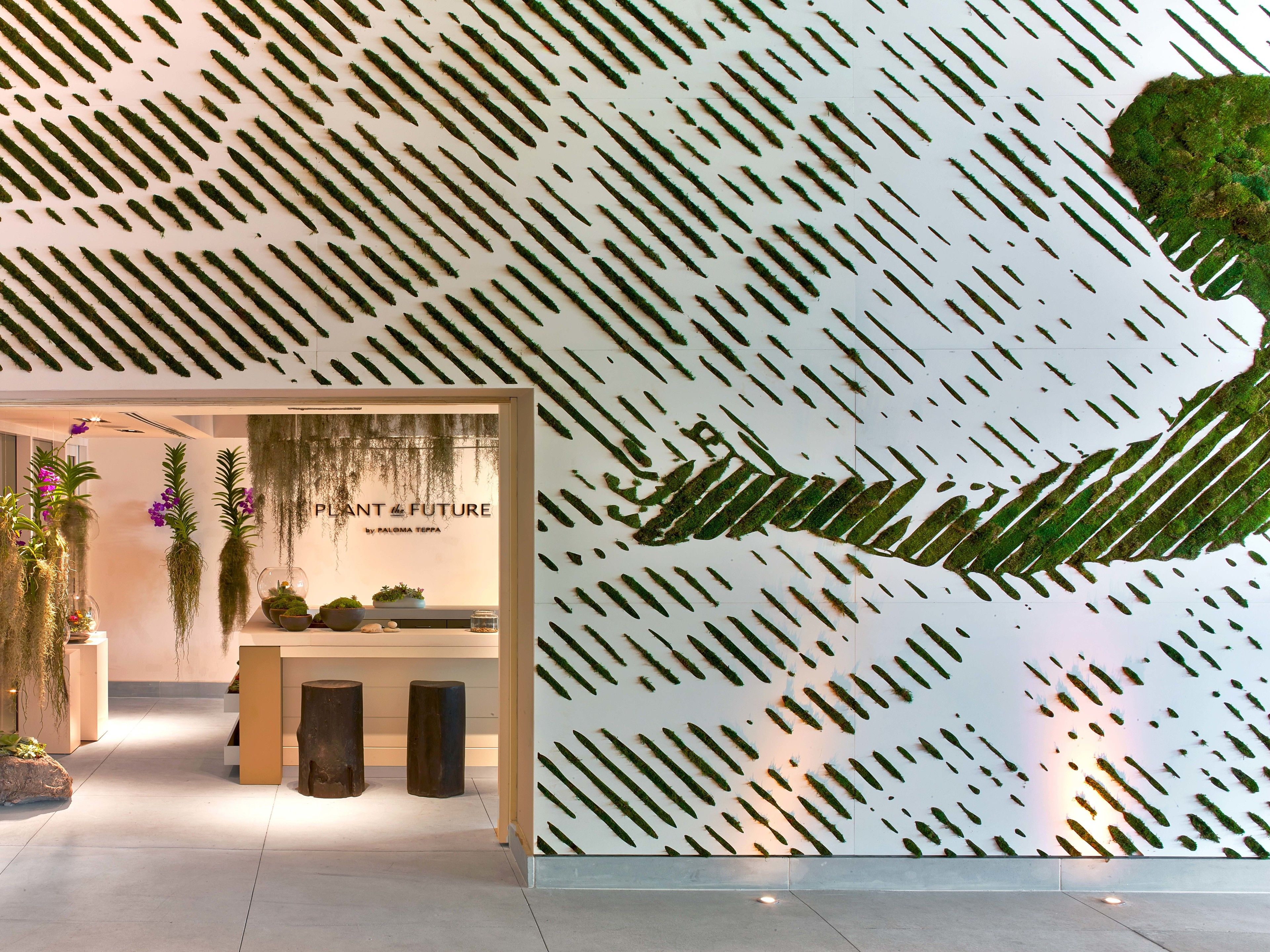 Un escaparate moderno con un muro de patrón geométrico y un letrero que dice "PLANT & FUTURE".