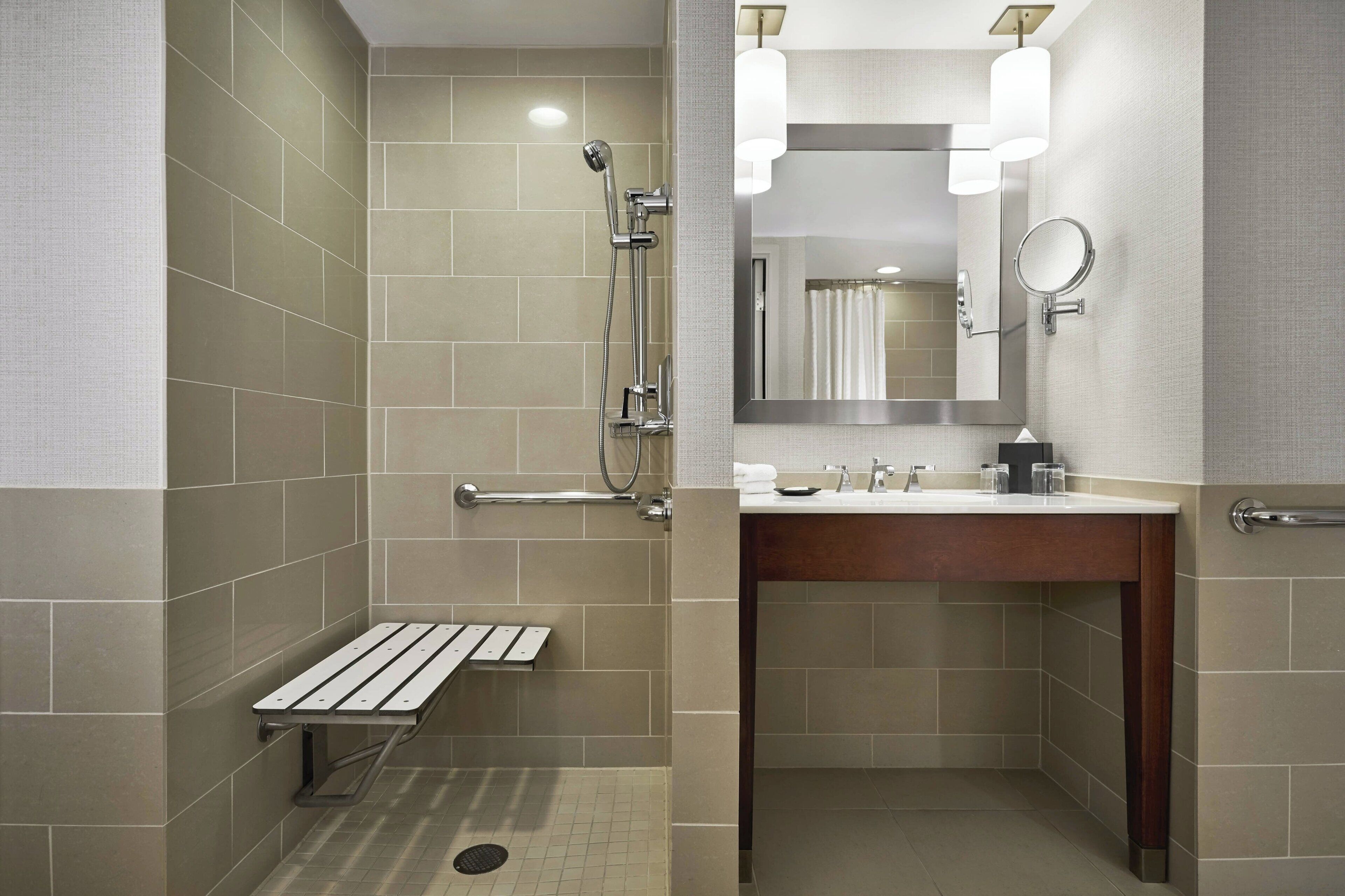 combined shower/bathtub, free toiletries, hair dryer, bathrobes