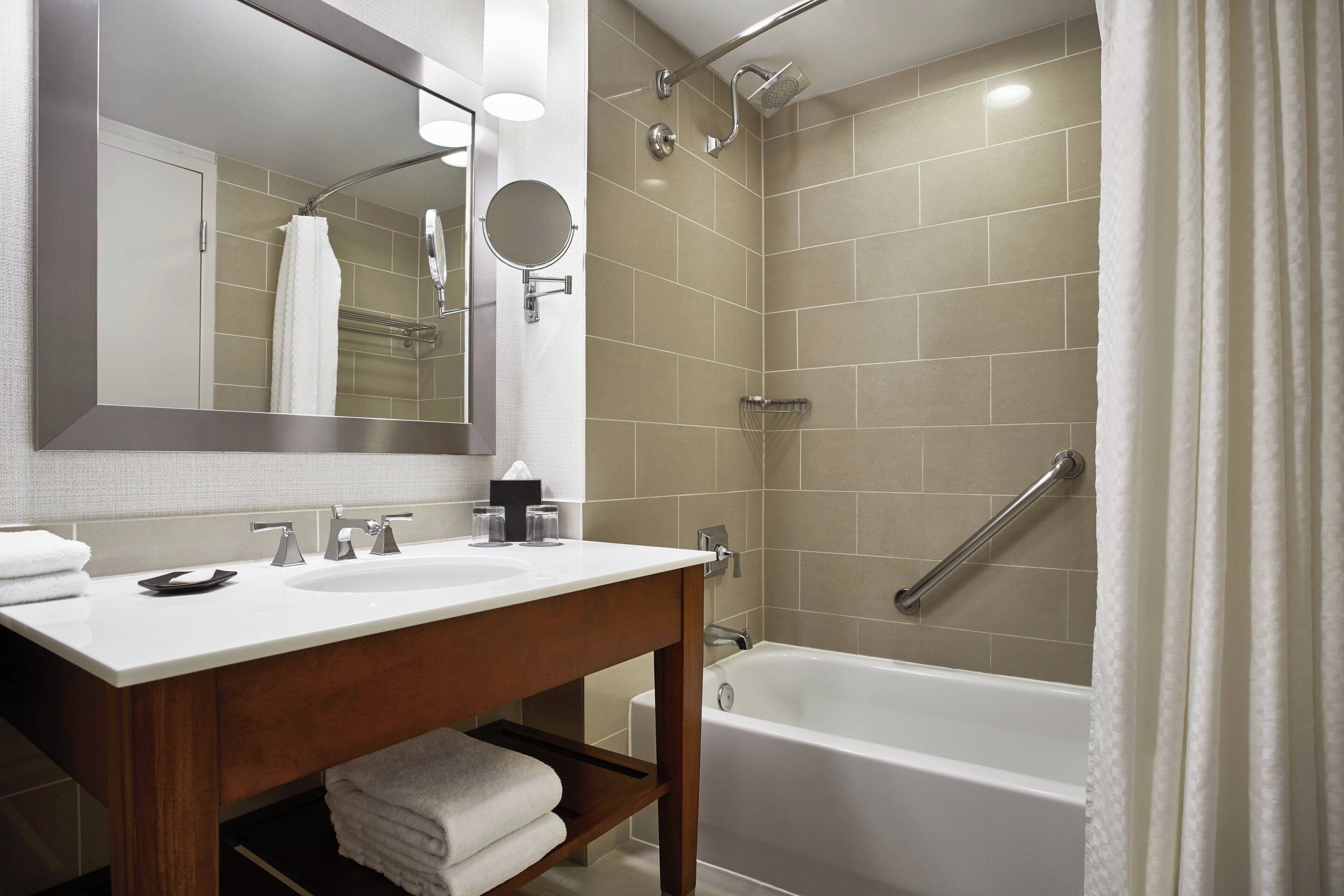 combined shower/bathtub, free toiletries, hair dryer, bathrobes