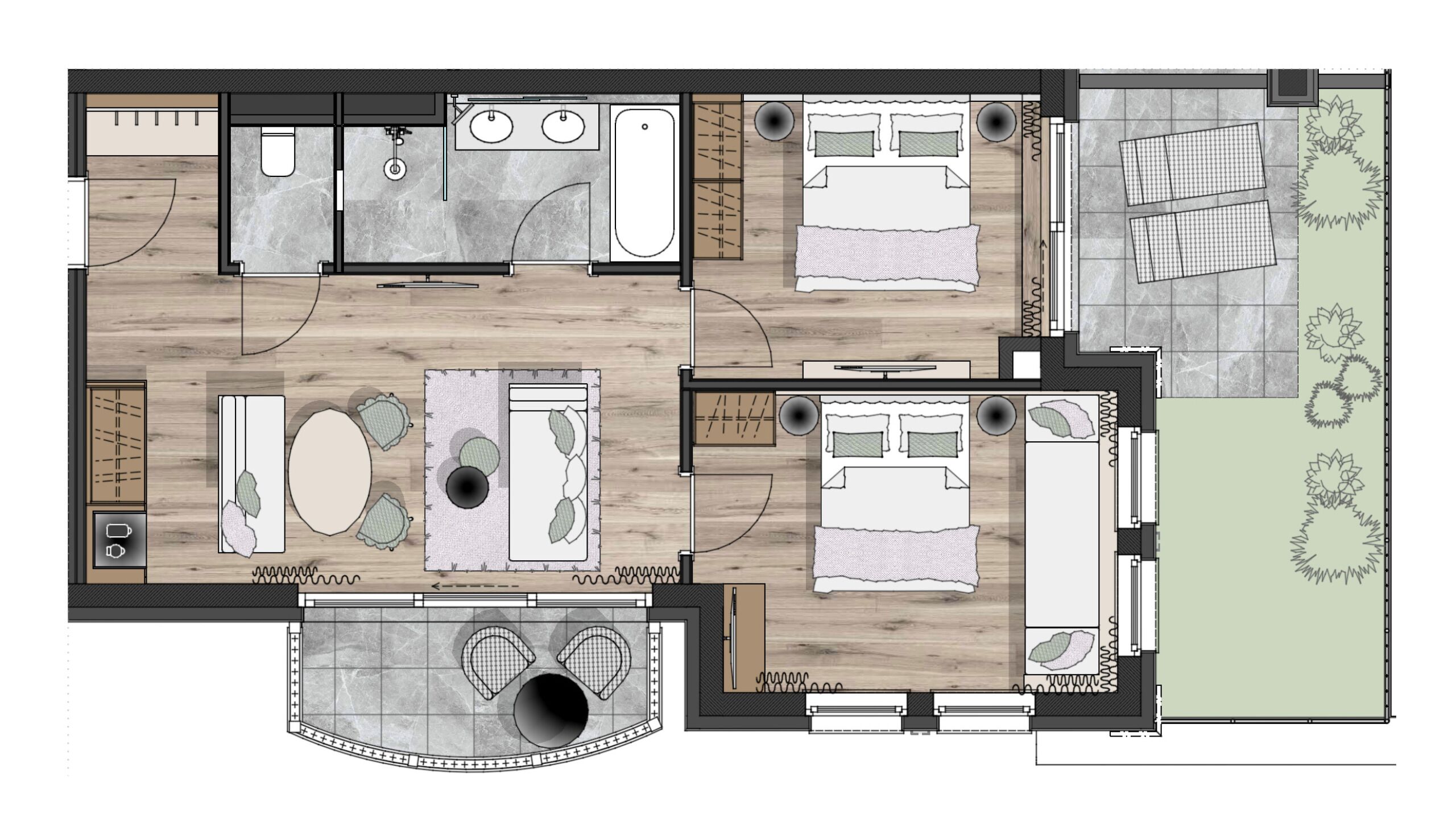 Plano de una habitación de hotel con baño, una pequeña cocina, una zona de estar con mesa y sillas, una cama y un balcón pequeño.