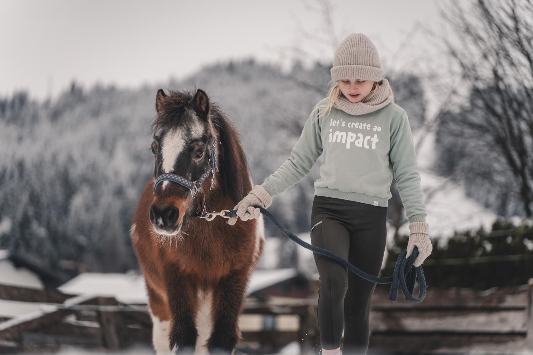 A person leading a horse in a snowy outdoor setting.
