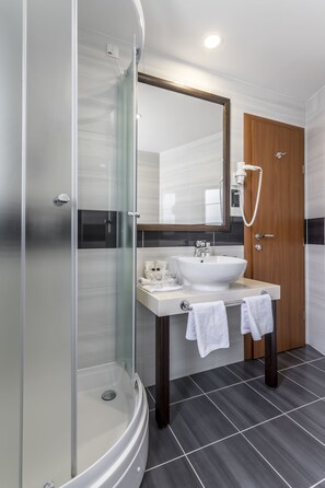 Combined shower/tub, hair dryer, towels