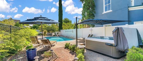 Seasonal outdoor pool, pool umbrellas, pool loungers