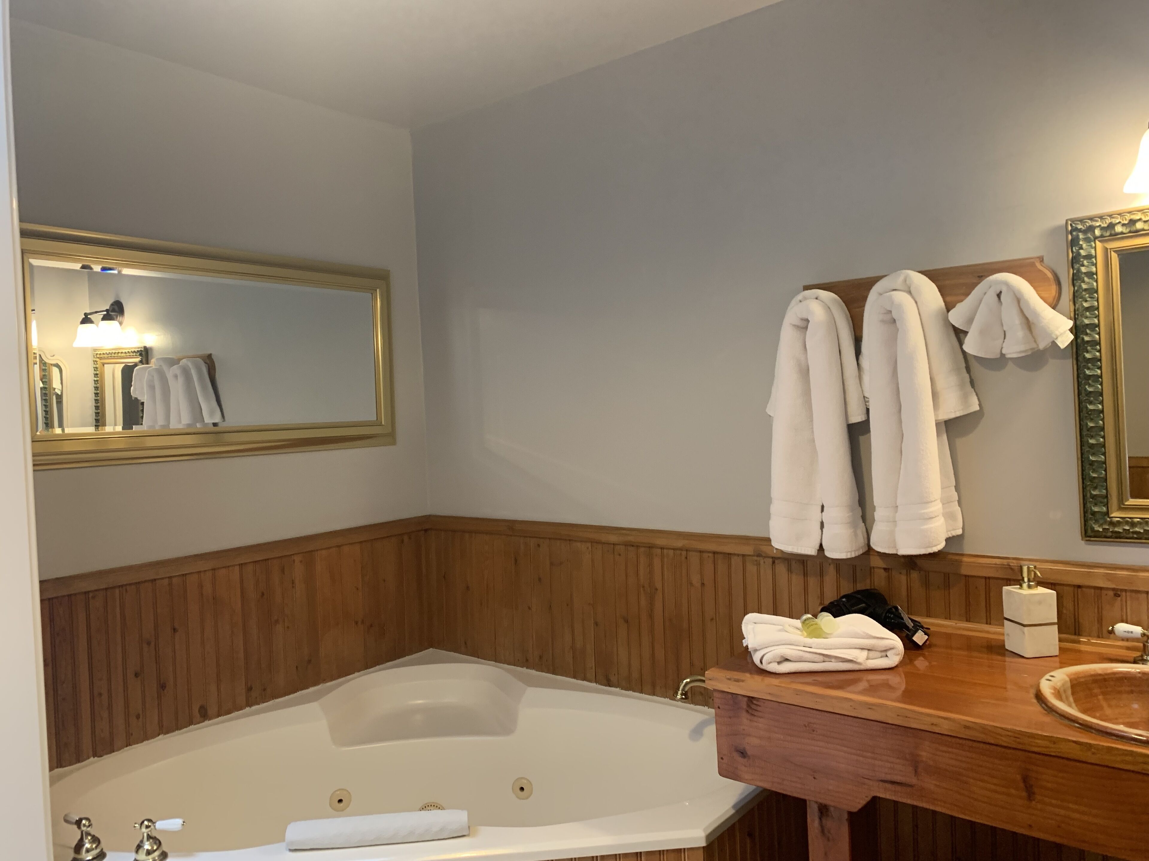 Un baño con tocador de madera, bañera blanca y espejo con marco dorado.